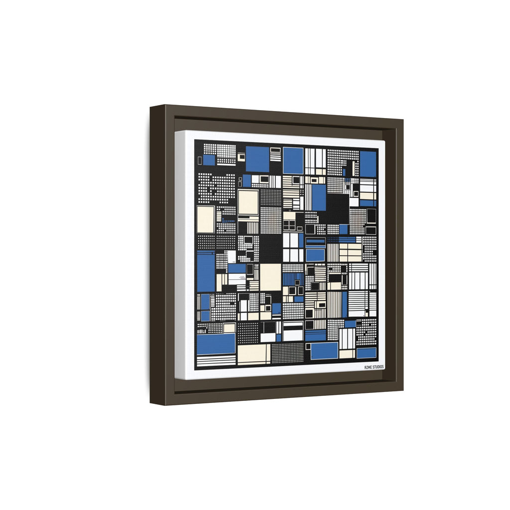Modern Geometric Abstract Framed Canvas — Blue & Black Grid Art