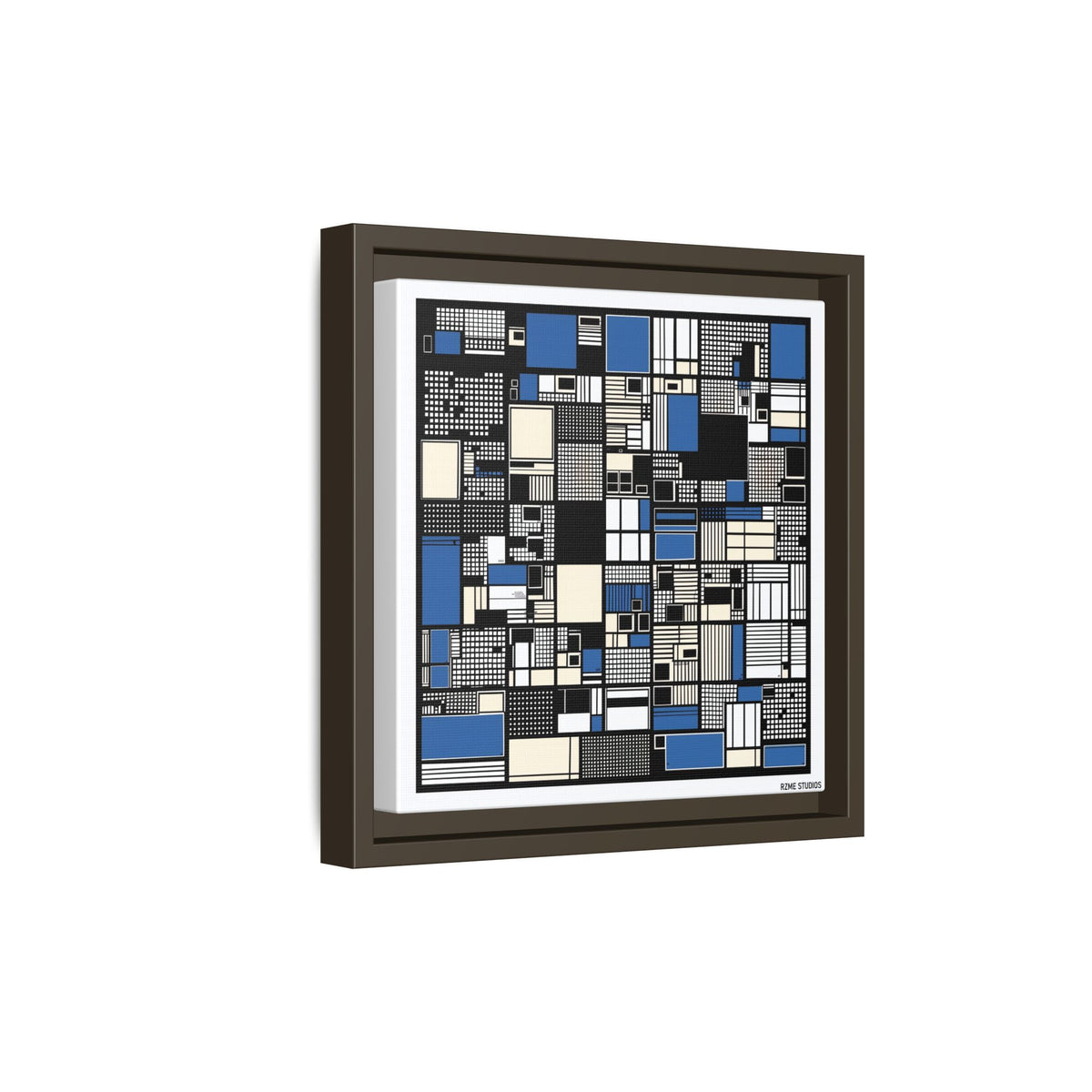 Modern Geometric Abstract Framed Canvas — Blue & Black Grid Art