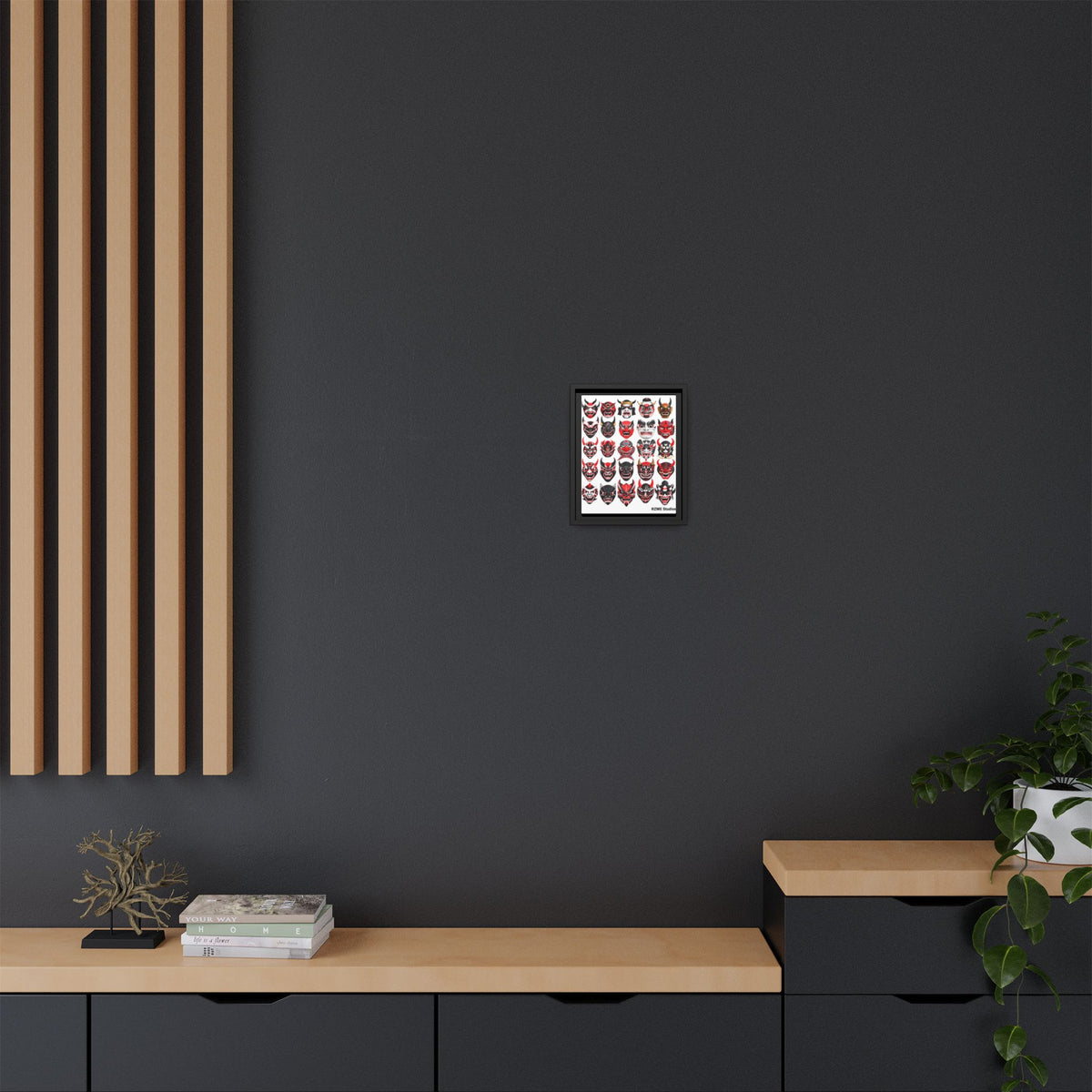 Framed Matte Canvas Print — Japanese Oni Mask Collage (RZME Studios)