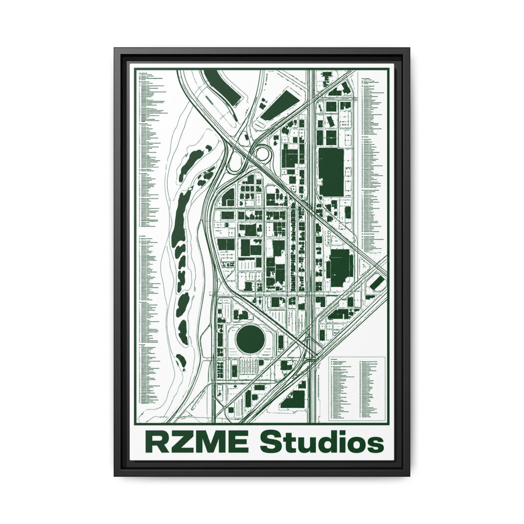 City Map Matte Canvas Framed Print — Minimal Green Urban Map Wall Art