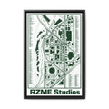City Map Matte Canvas Framed Print — Minimal Green Urban Map Wall Art