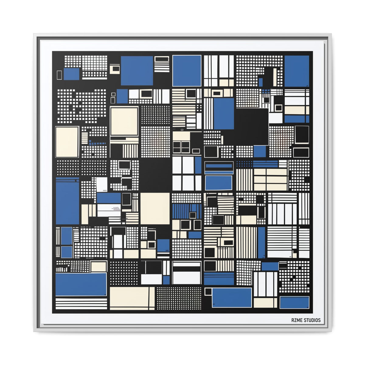 Modern Geometric Abstract Framed Canvas — Blue & Black Grid Art