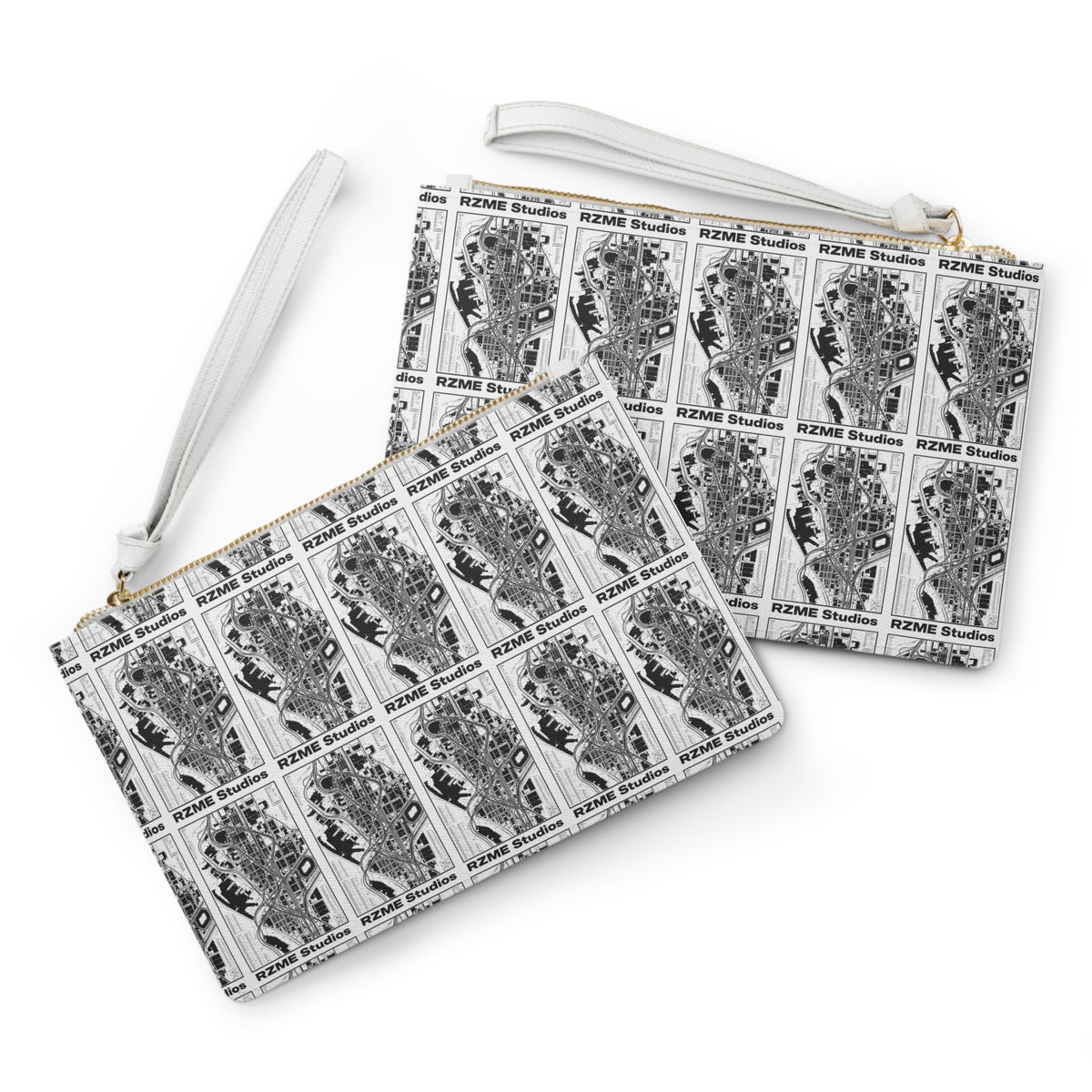 Clutch Bag — Monochrome Vintage Map Pattern Wristlet (RZME Studios)