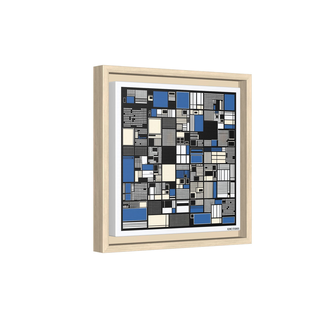 Modern Geometric Abstract Framed Canvas — Blue & Black Grid Art