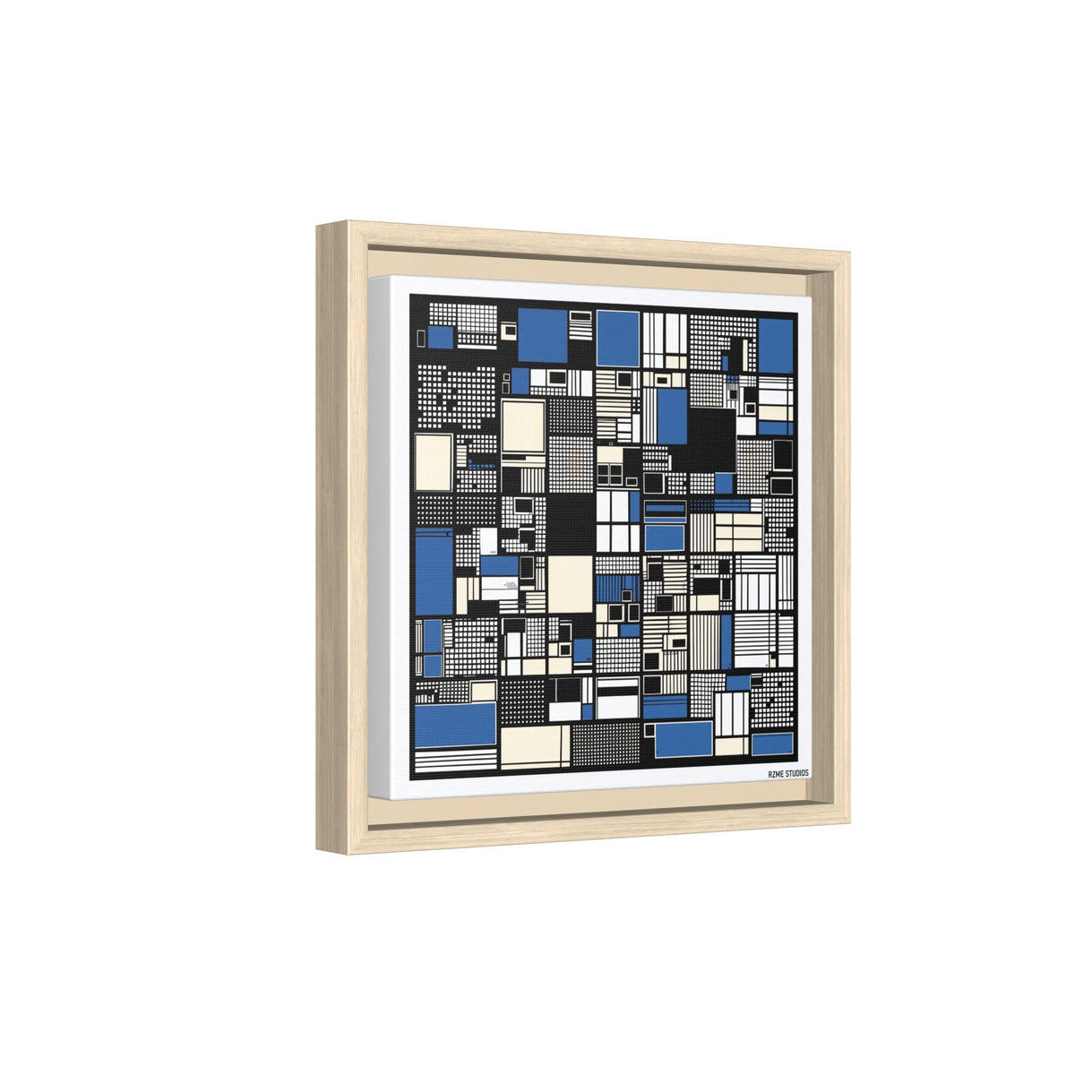 Modern Geometric Abstract Framed Canvas — Blue & Black Grid Art