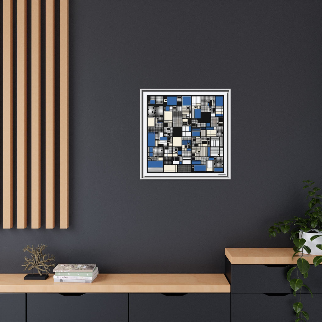 Modern Geometric Abstract Framed Canvas — Blue & Black Grid Art