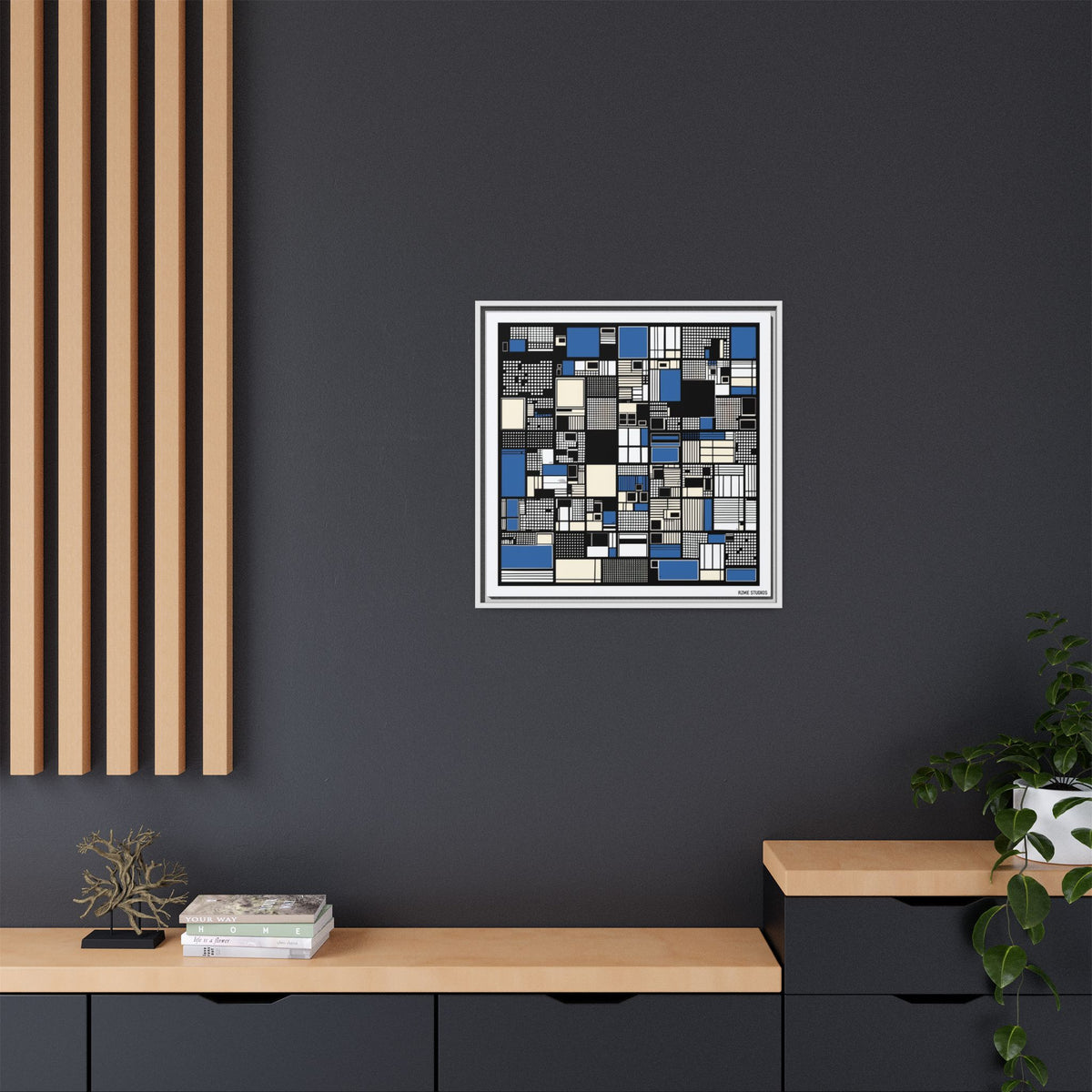 Modern Geometric Abstract Framed Canvas — Blue & Black Grid Art