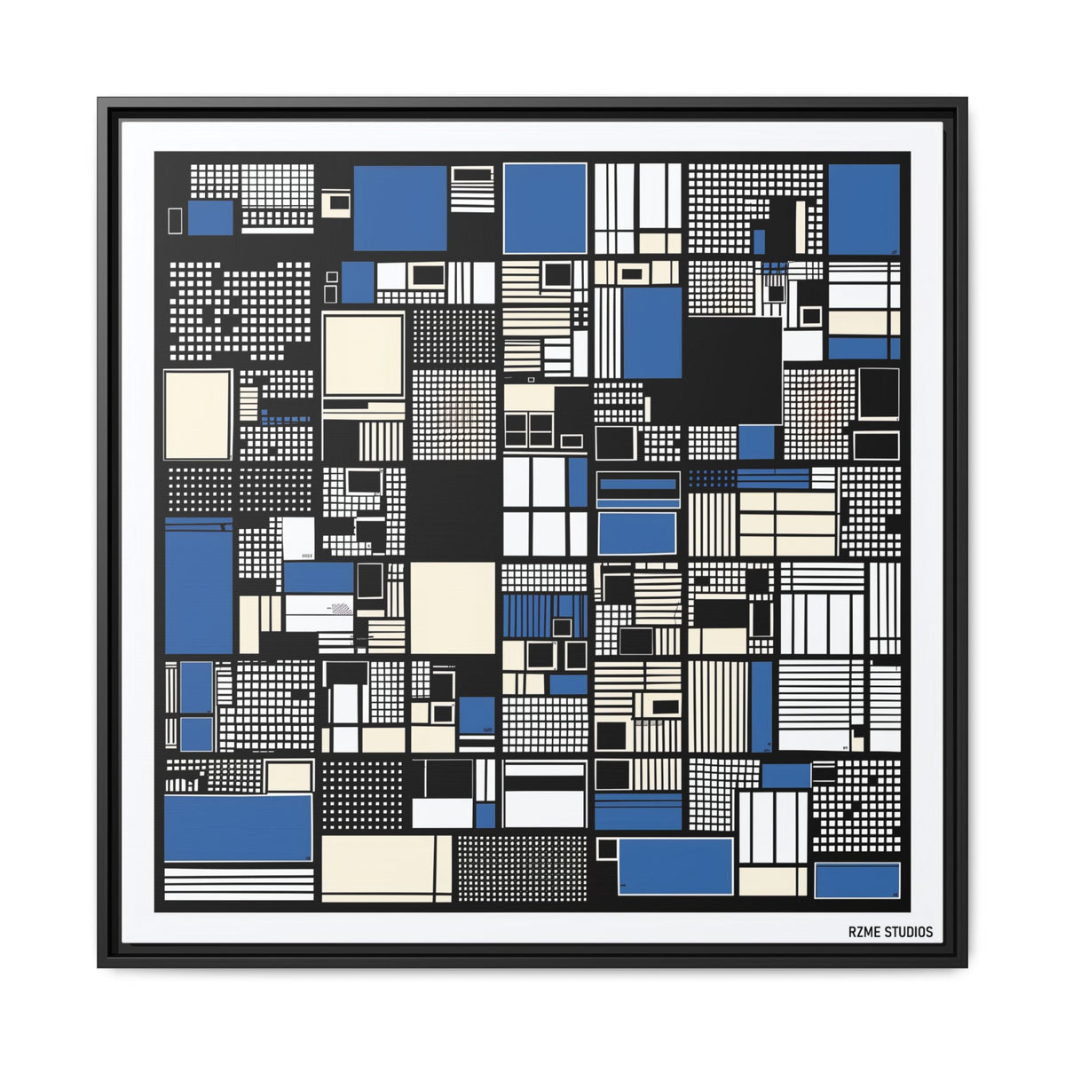 Modern Geometric Abstract Framed Canvas — Blue & Black Grid Art