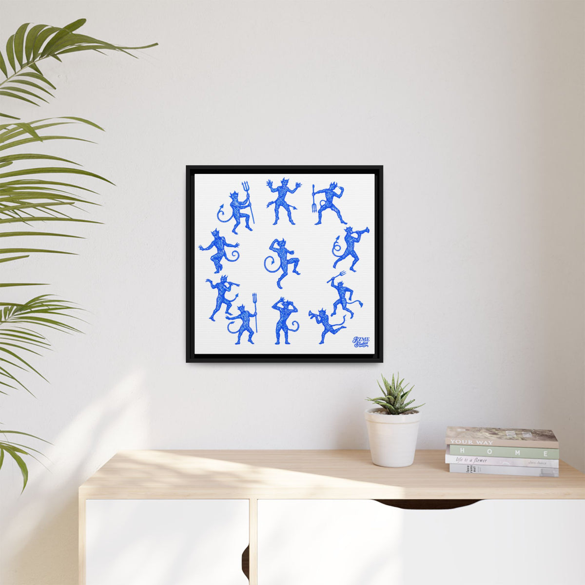 Blue Devil Pattern Matte Framed Canvas Art