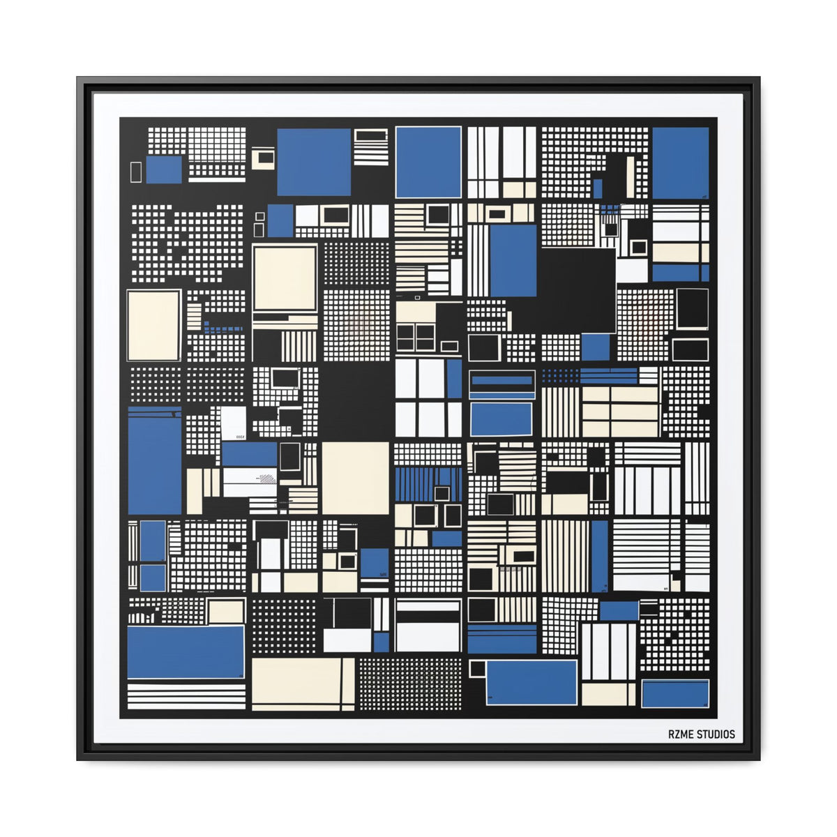 Modern Geometric Abstract Framed Canvas — Blue & Black Grid Art