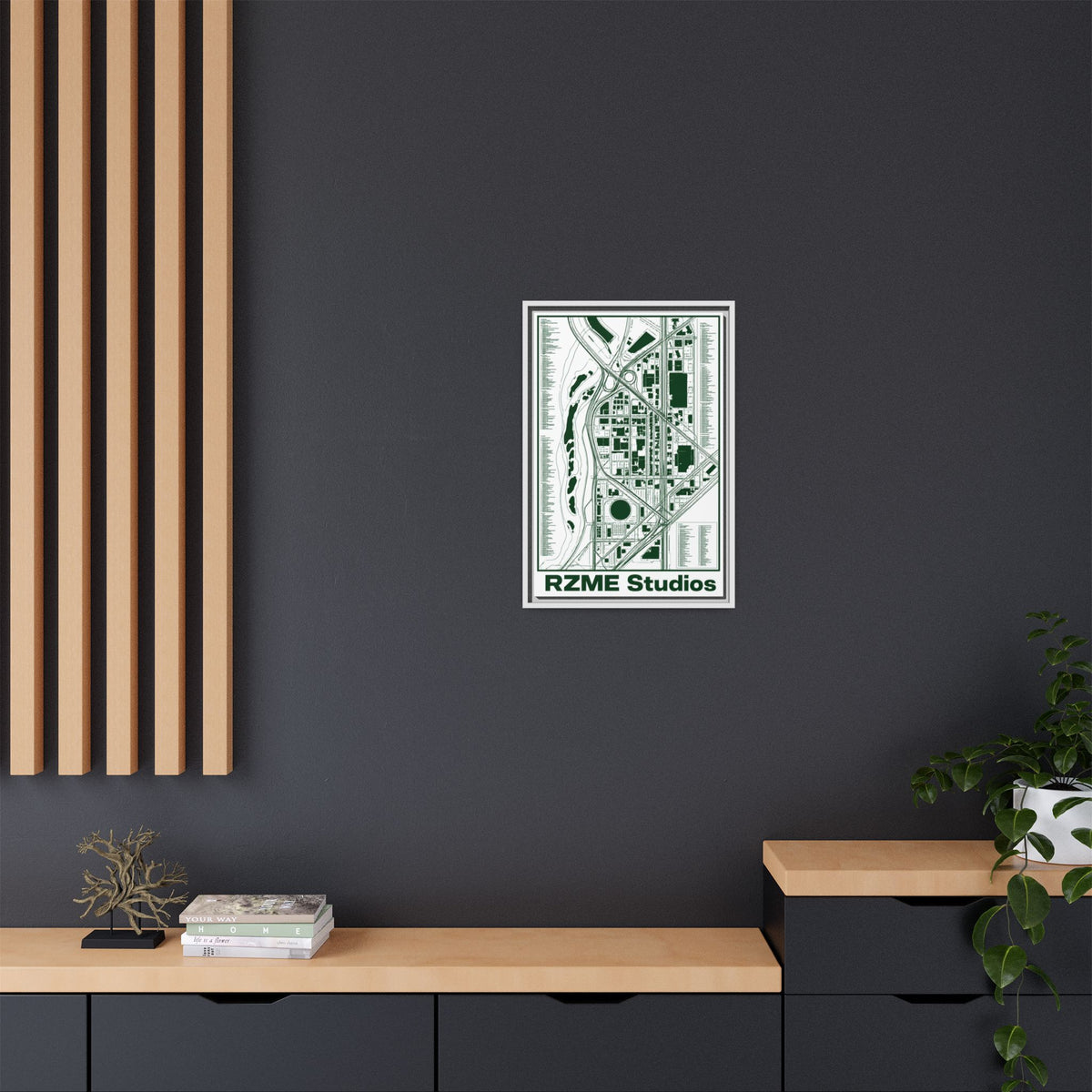 City Map Matte Canvas Framed Print — Minimal Green Urban Map Wall Art
