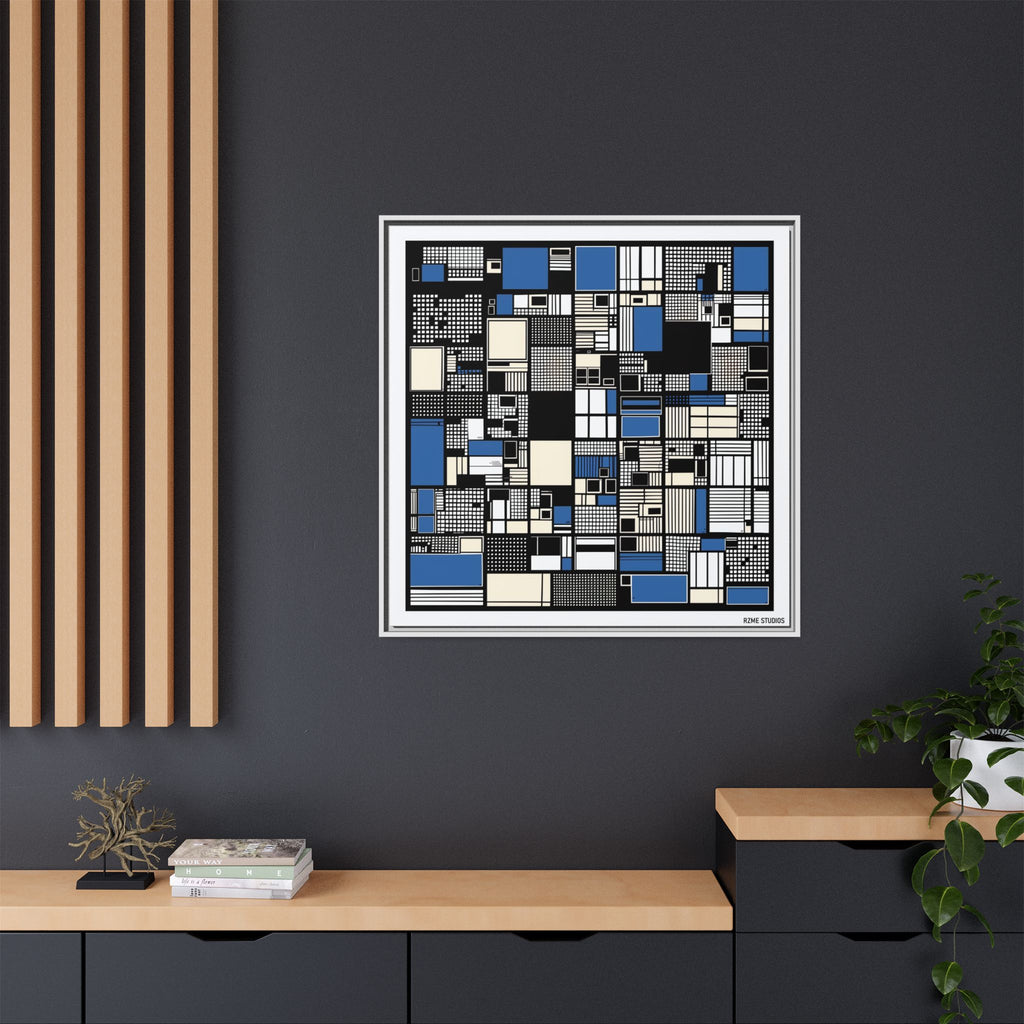 Modern Geometric Abstract Framed Canvas — Blue & Black Grid Art