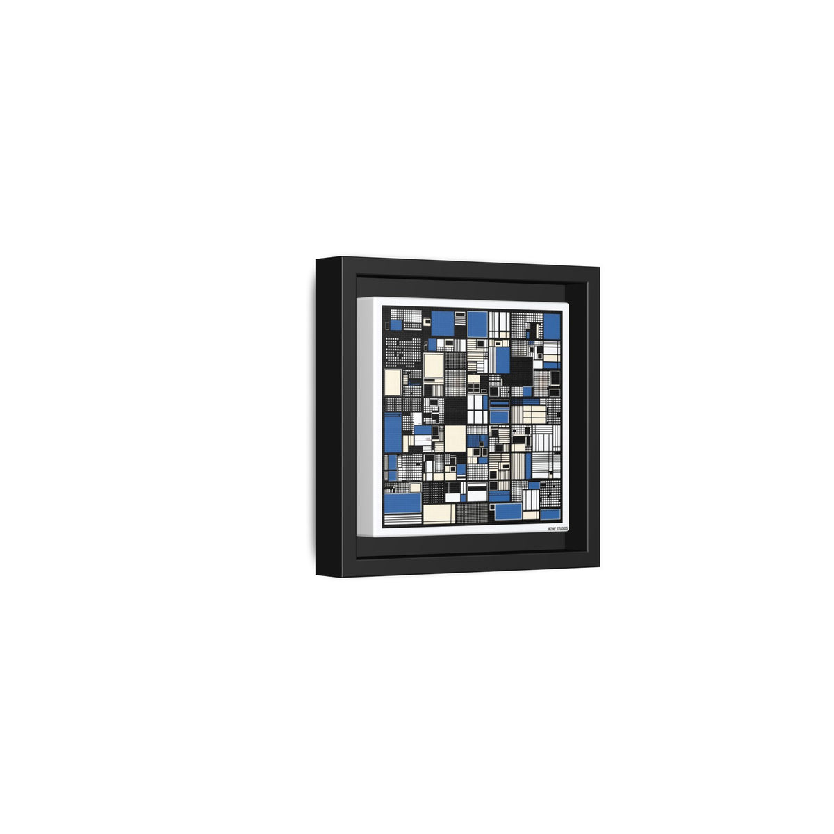 Modern Geometric Abstract Framed Canvas — Blue & Black Grid Art