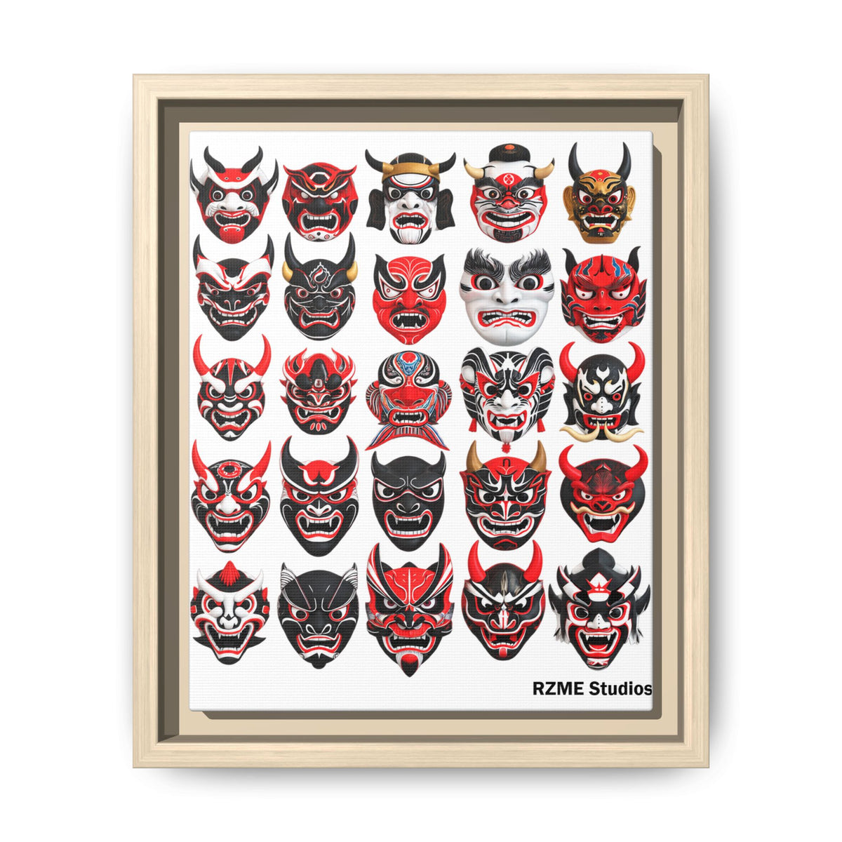 Framed Matte Canvas Print — Japanese Oni Mask Collage (RZME Studios)