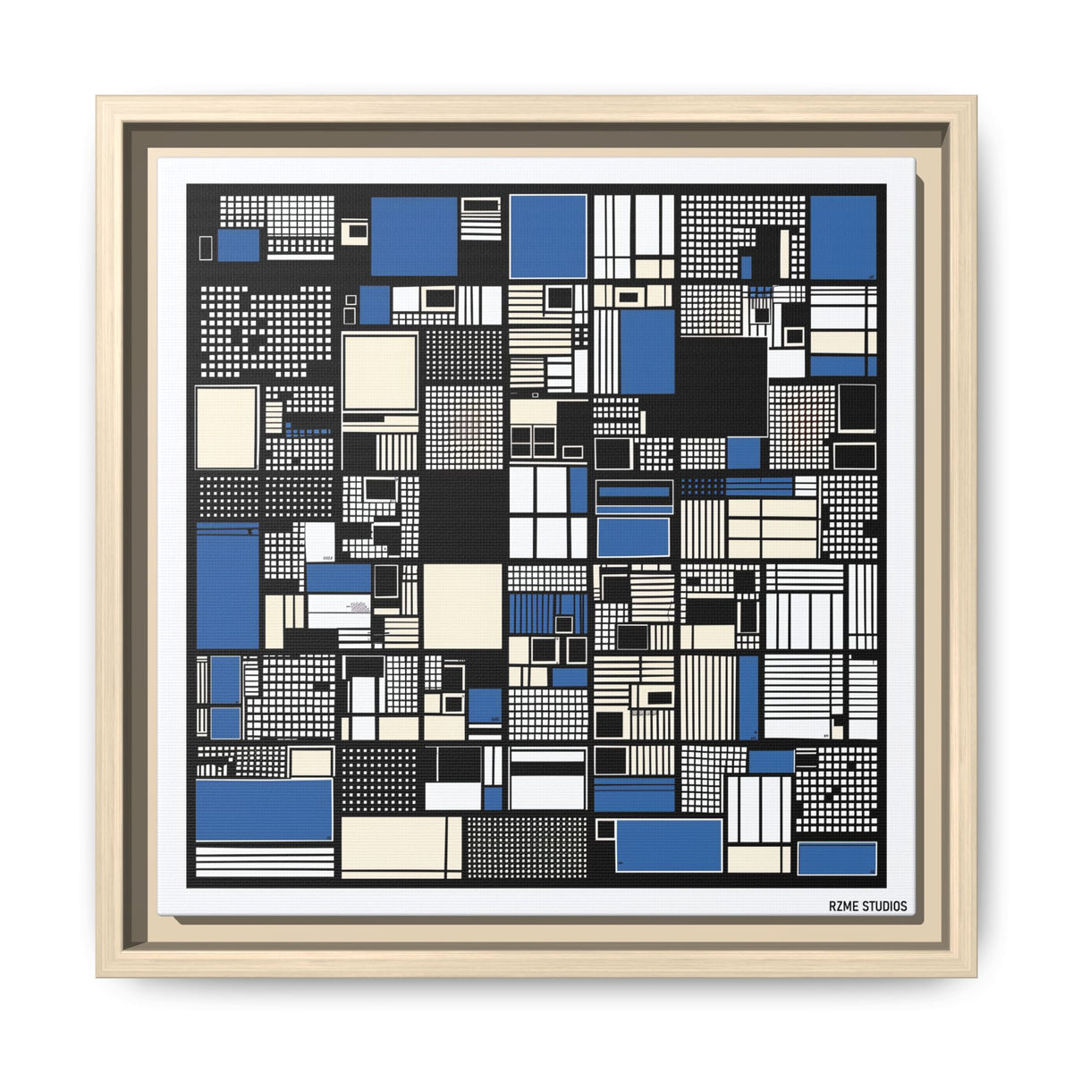 Modern Geometric Abstract Framed Canvas — Blue & Black Grid Art