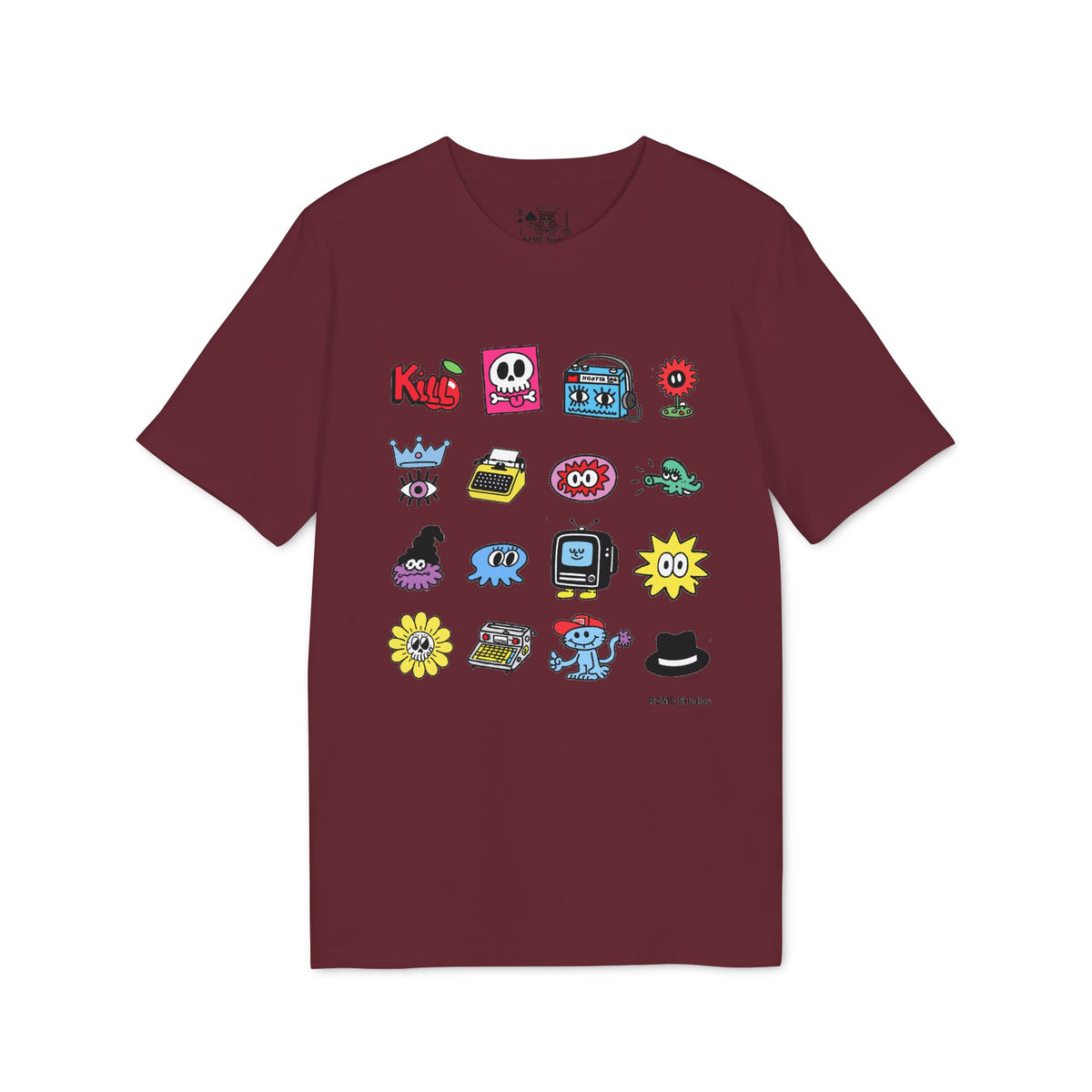 Creator Icons Graphic T-Shirt — Playful Retro Sticker Grid Tee
