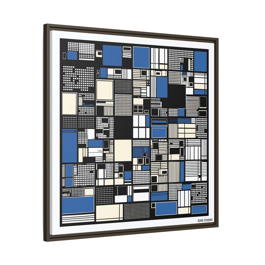Modern Geometric Abstract Framed Canvas — Blue & Black Grid Art
