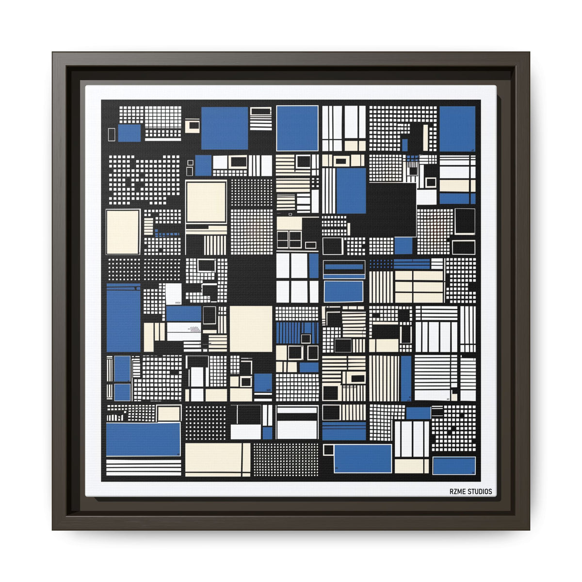 Modern Geometric Abstract Framed Canvas — Blue & Black Grid Art