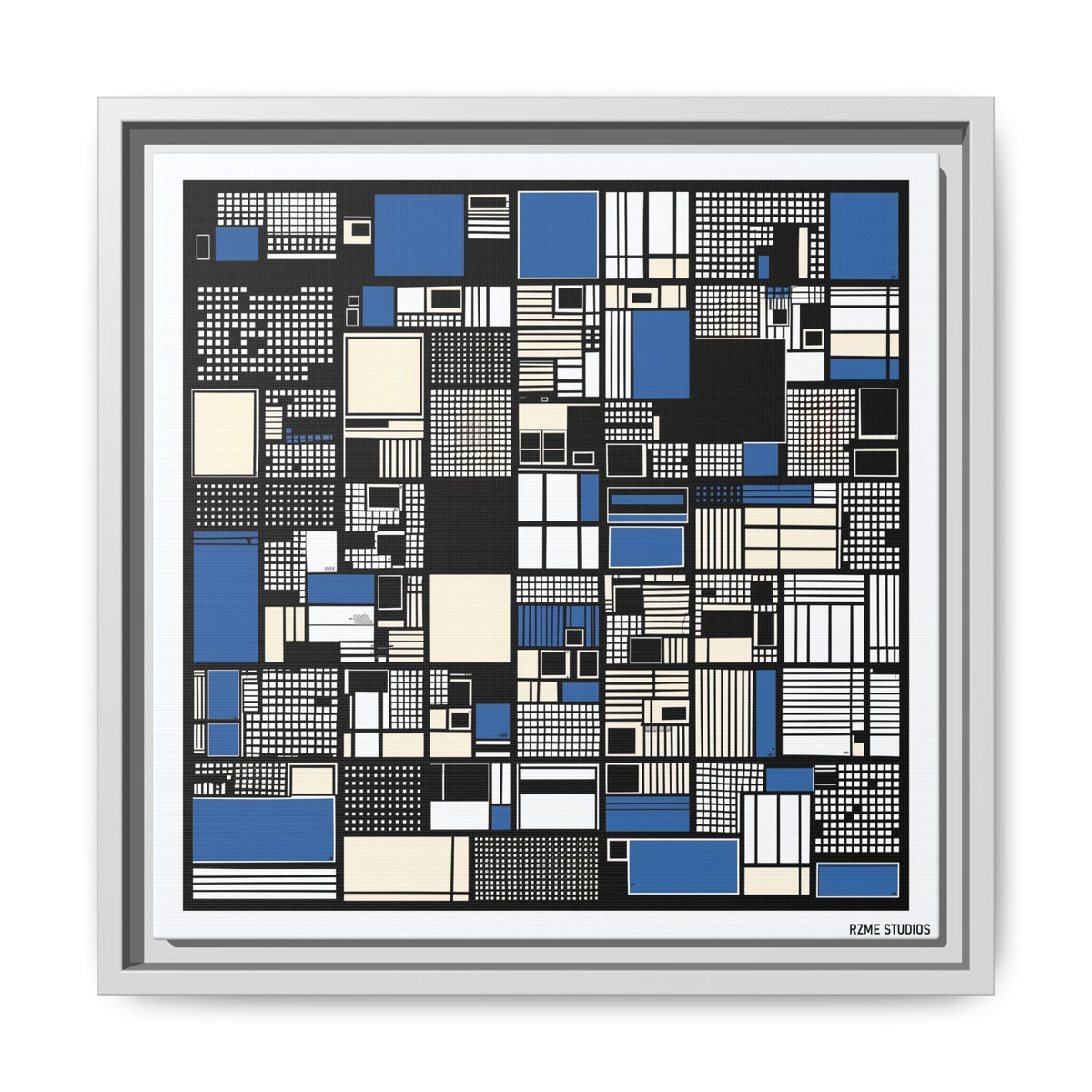Modern Geometric Abstract Framed Canvas — Blue & Black Grid Art