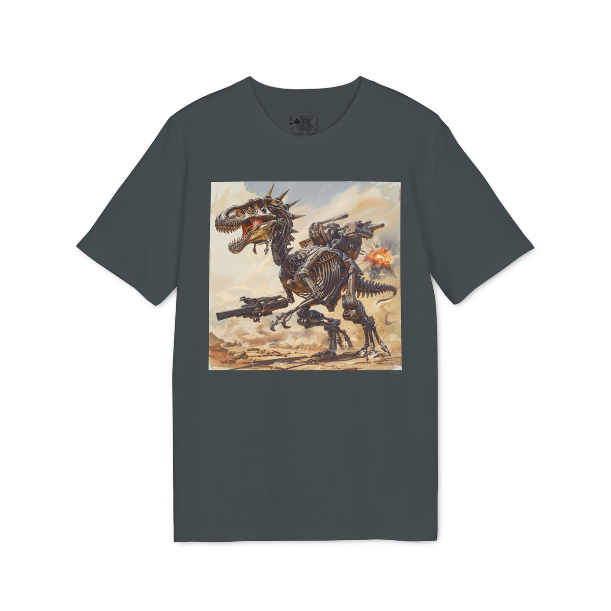 Dinosaur Mech Attack T-Shirt — Retro Robotic T-Rex Graphic Tee (RZME Back Logo)