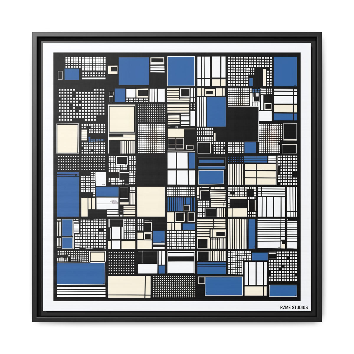Modern Geometric Abstract Framed Canvas — Blue & Black Grid Art