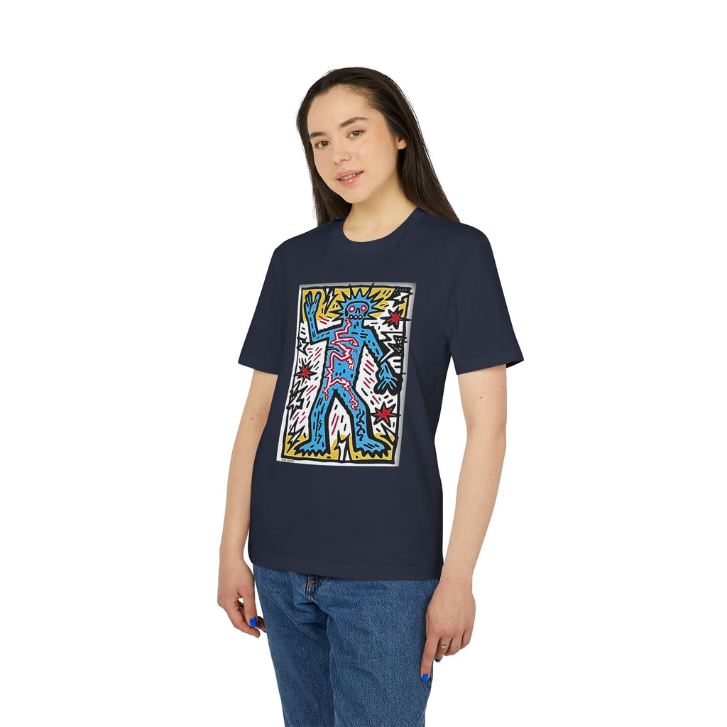 Keith Haring Style Pop Art T‑Shirt — Blue Dancing Figure Graphic Tee