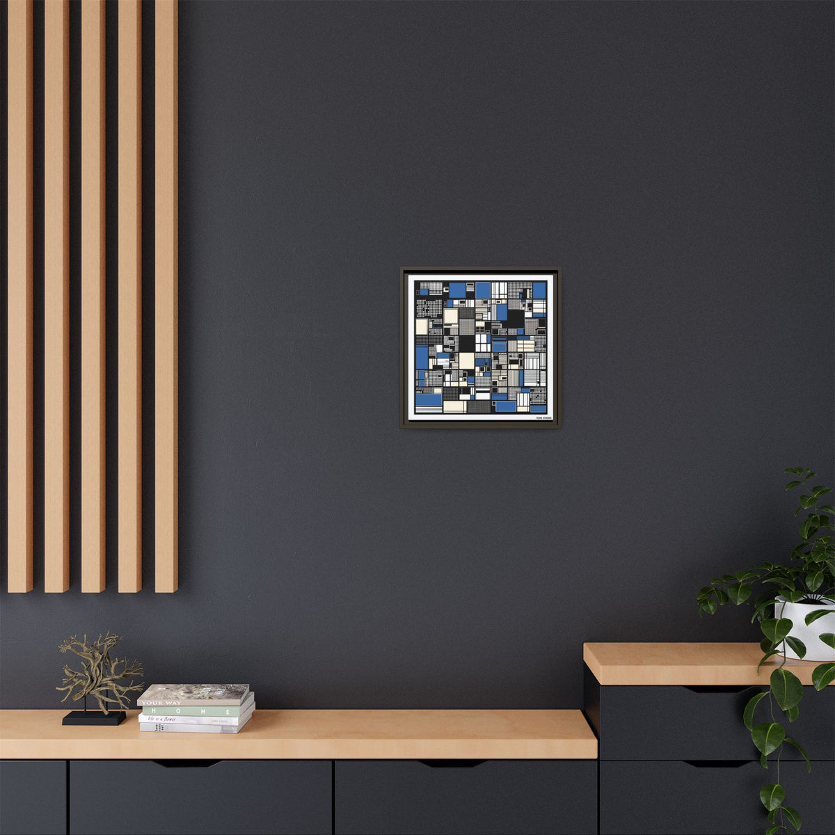 Modern Geometric Abstract Framed Canvas — Blue & Black Grid Art