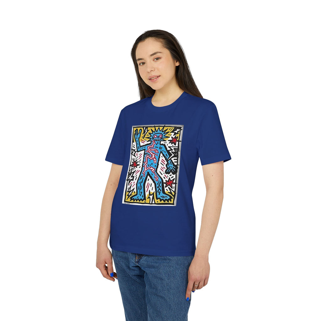 Keith Haring Style Pop Art T‑Shirt — Blue Dancing Figure Graphic Tee