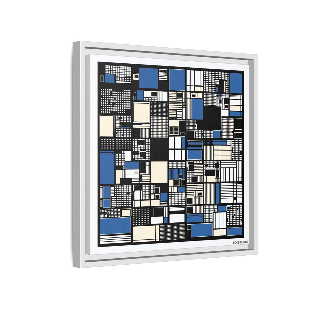 Modern Geometric Abstract Framed Canvas — Blue & Black Grid Art