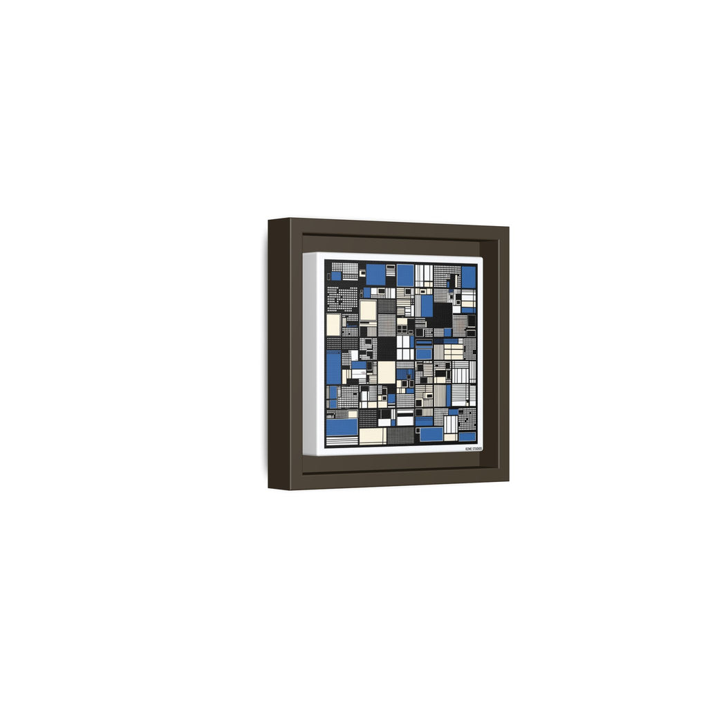 Modern Geometric Abstract Framed Canvas — Blue & Black Grid Art