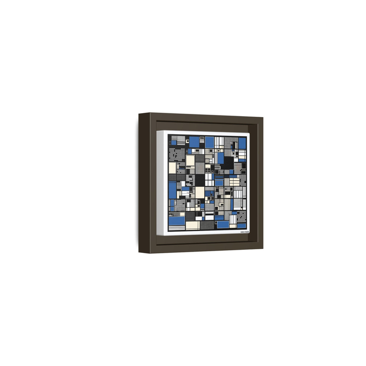 Modern Geometric Abstract Framed Canvas — Blue & Black Grid Art