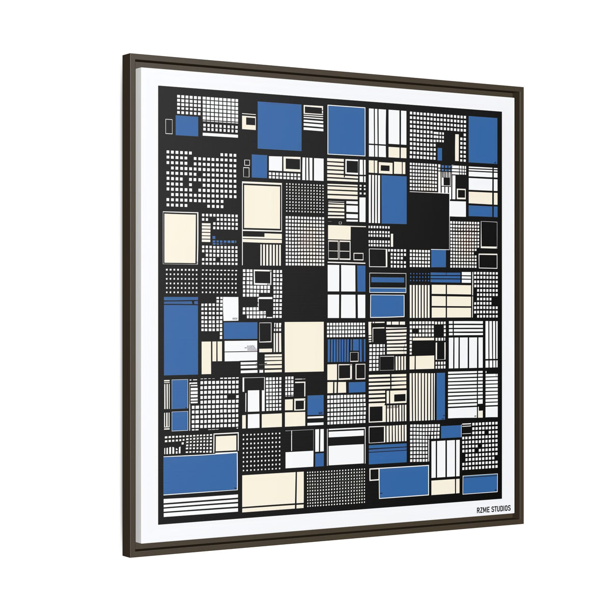 Modern Geometric Abstract Framed Canvas — Blue & Black Grid Art