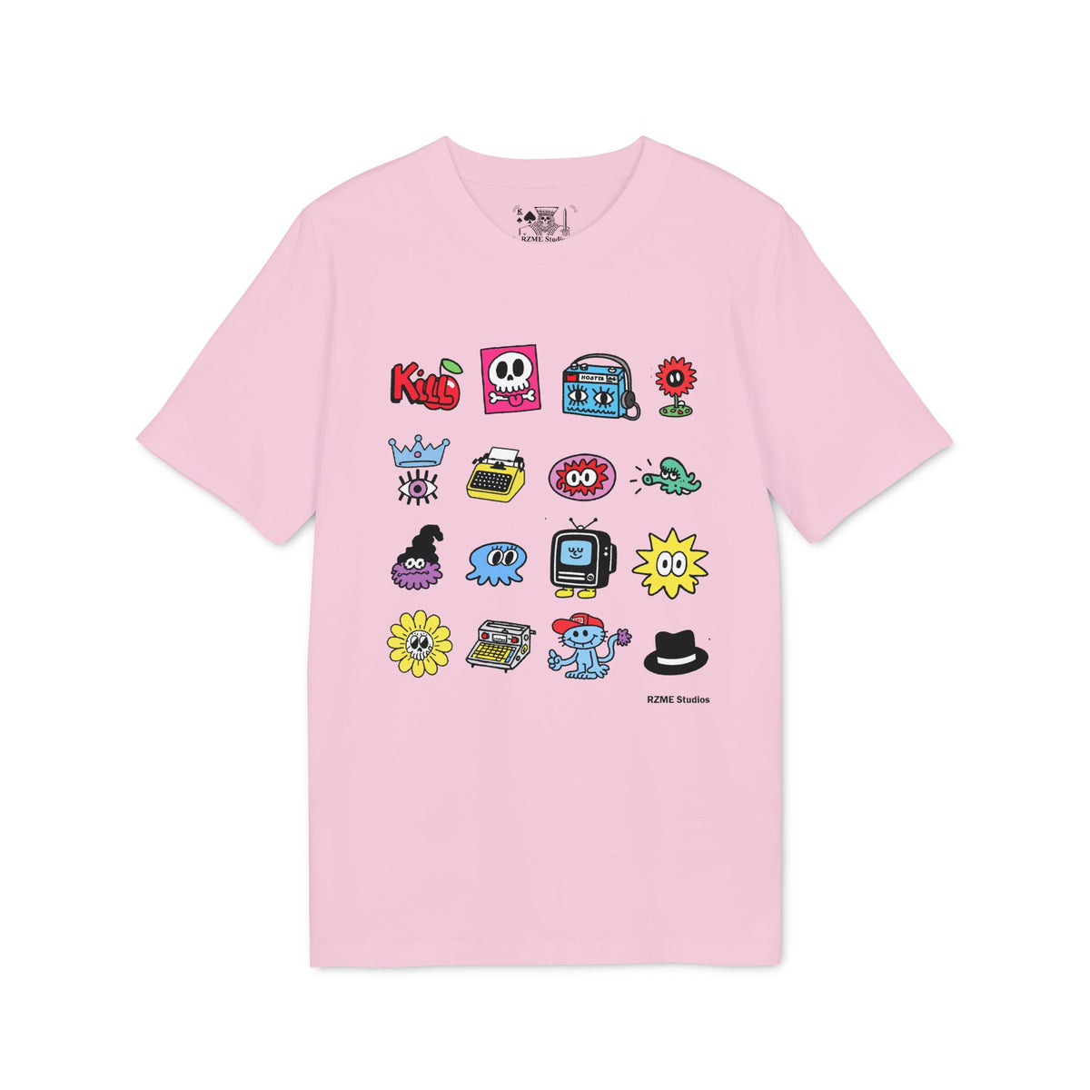 Creator Icons Graphic T-Shirt — Playful Retro Sticker Grid Tee