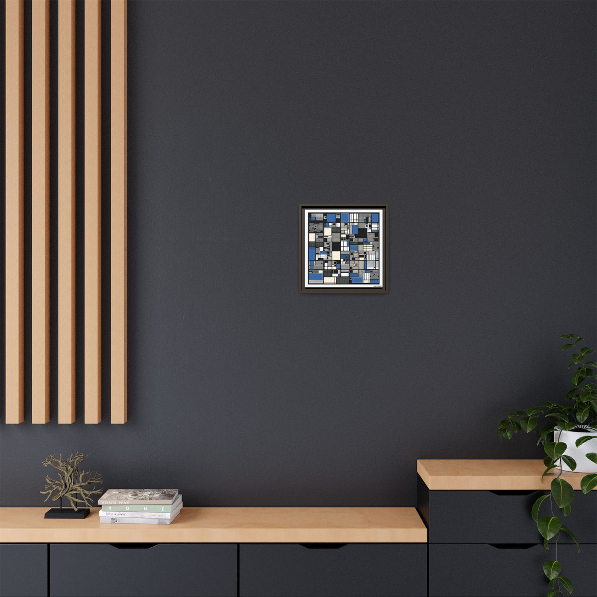 Modern Geometric Abstract Framed Canvas — Blue & Black Grid Art