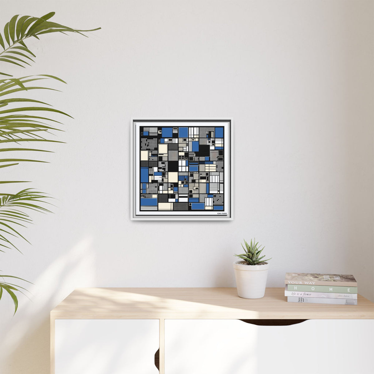 Modern Geometric Abstract Framed Canvas — Blue & Black Grid Art