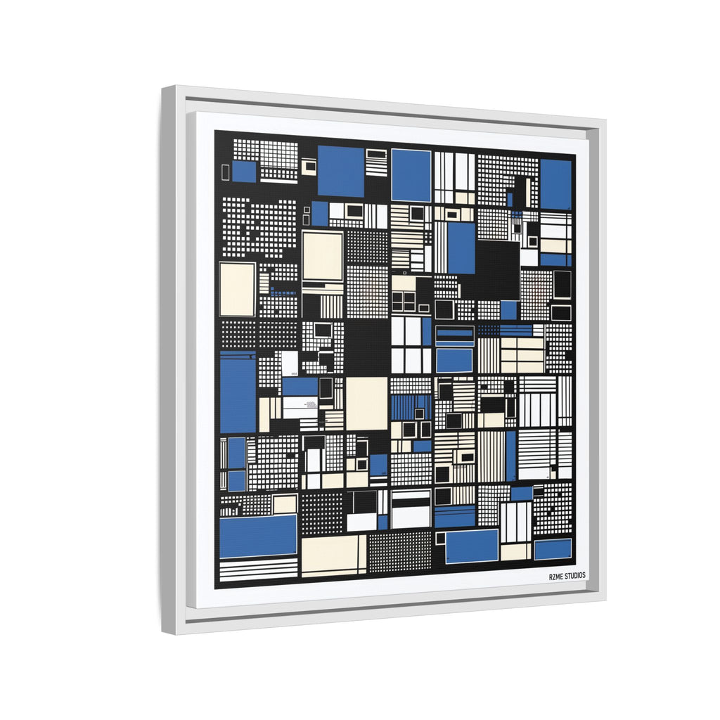 Modern Geometric Abstract Framed Canvas — Blue & Black Grid Art