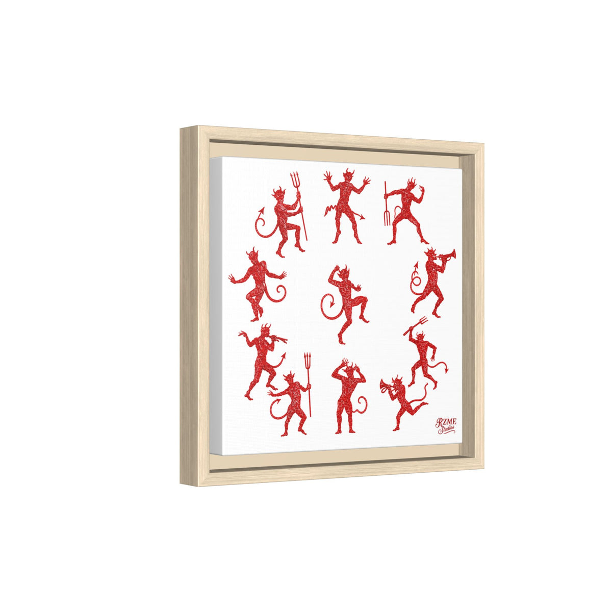 Red Devil Pattern Framed Canvas Art — Playful Halloween Wall Decor