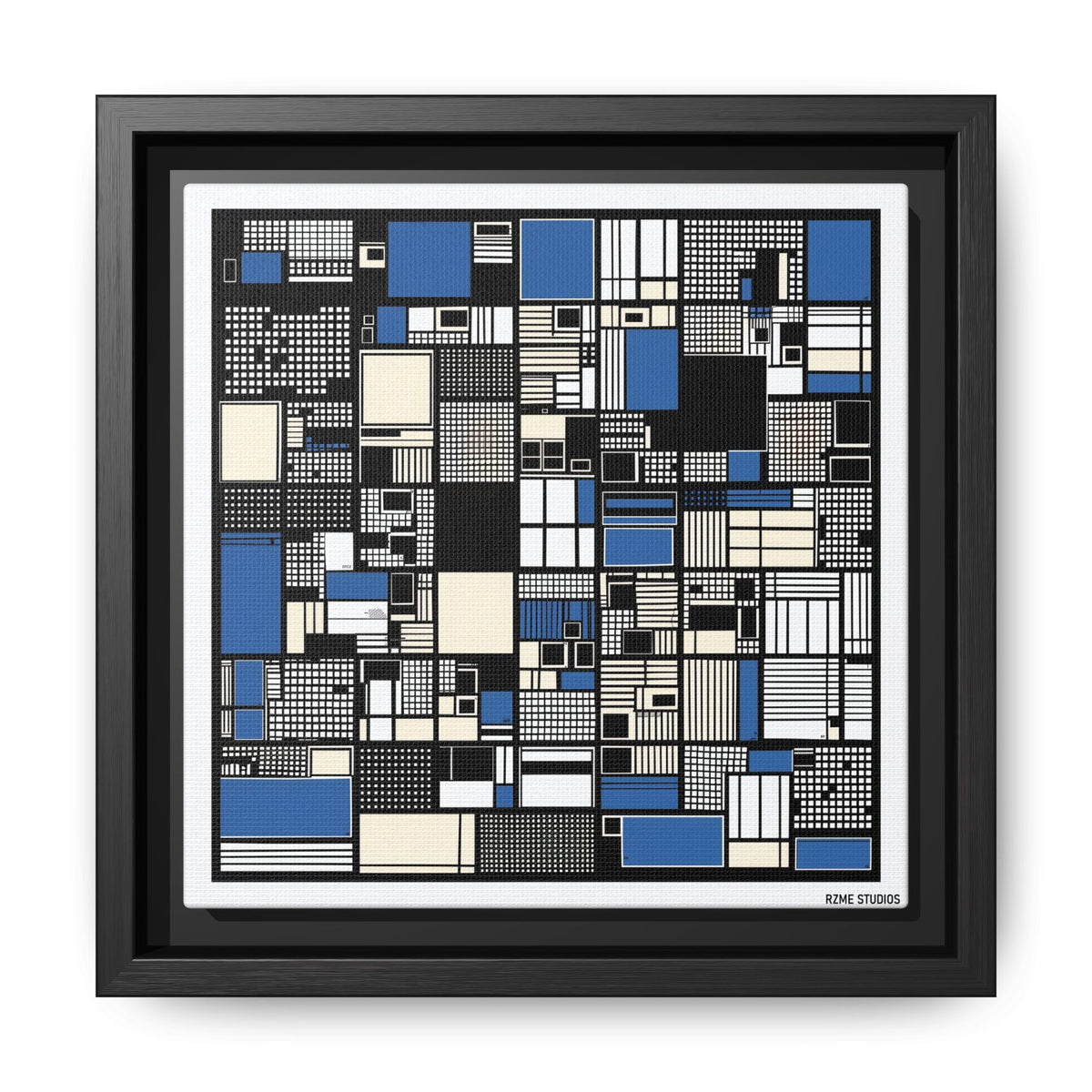Modern Geometric Abstract Framed Canvas — Blue & Black Grid Art