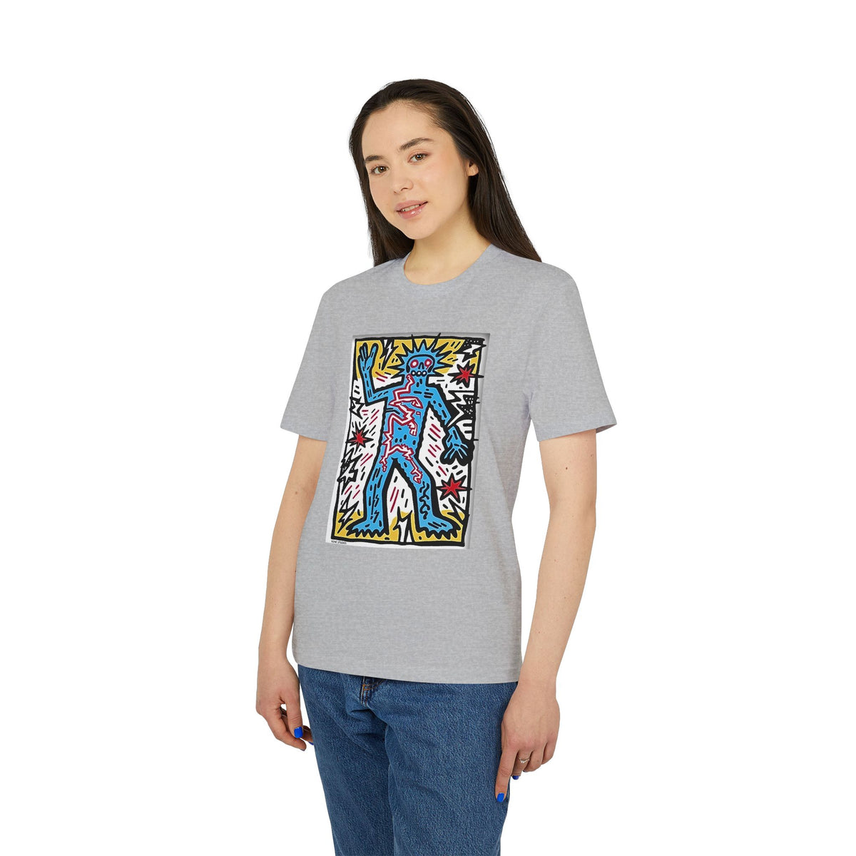 Keith Haring Style Pop Art T‑Shirt — Blue Dancing Figure Graphic Tee