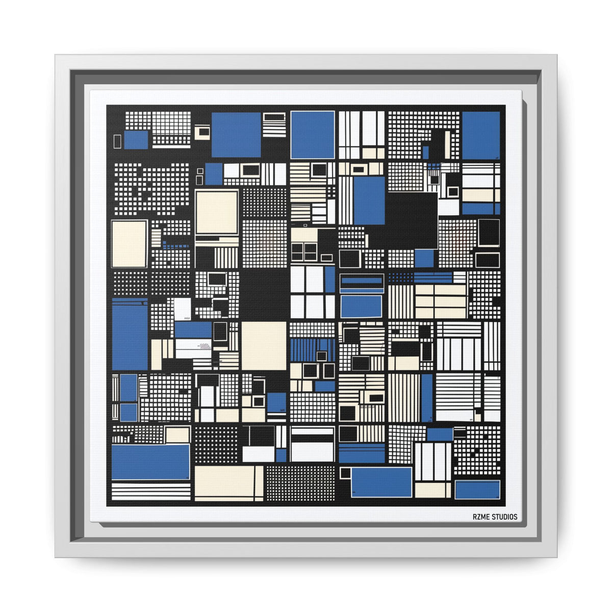 Modern Geometric Abstract Framed Canvas — Blue & Black Grid Art