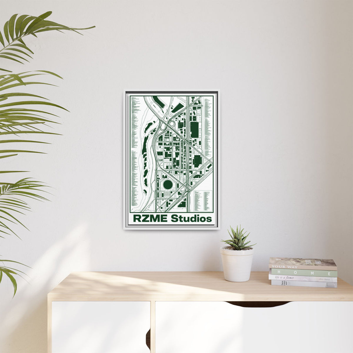 City Map Matte Canvas Framed Print — Minimal Green Urban Map Wall Art