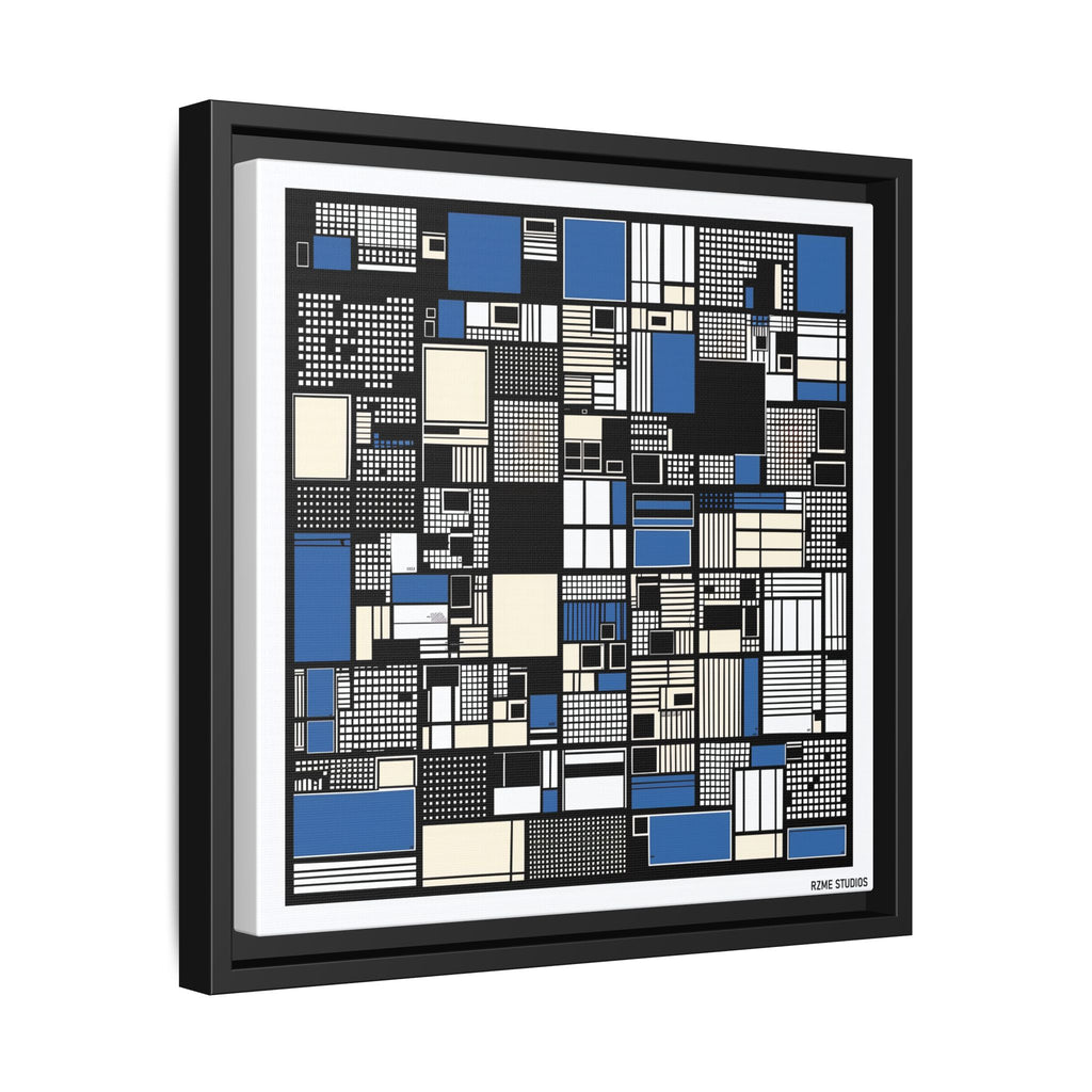 Modern Geometric Abstract Framed Canvas — Blue & Black Grid Art