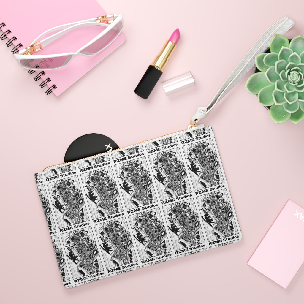 Clutch Bag — Monochrome Vintage Map Pattern Wristlet (RZME Studios)