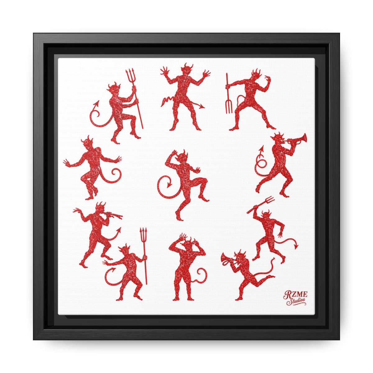 Red Devil Pattern Framed Canvas Art — Playful Halloween Wall Decor