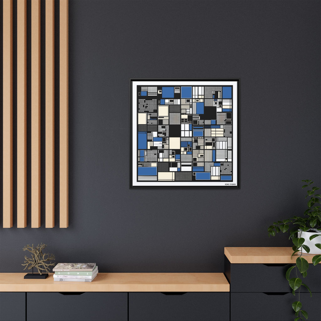 Modern Geometric Abstract Framed Canvas — Blue & Black Grid Art