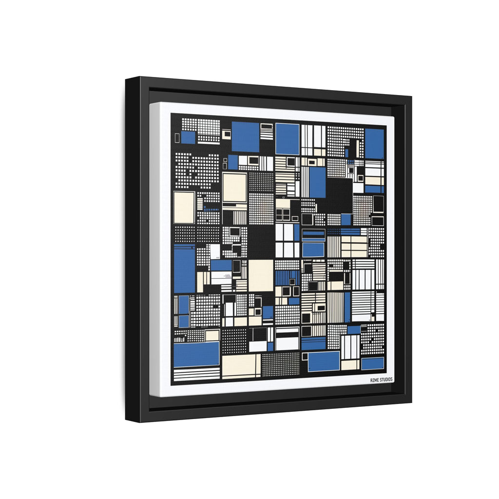 Modern Geometric Abstract Framed Canvas — Blue & Black Grid Art