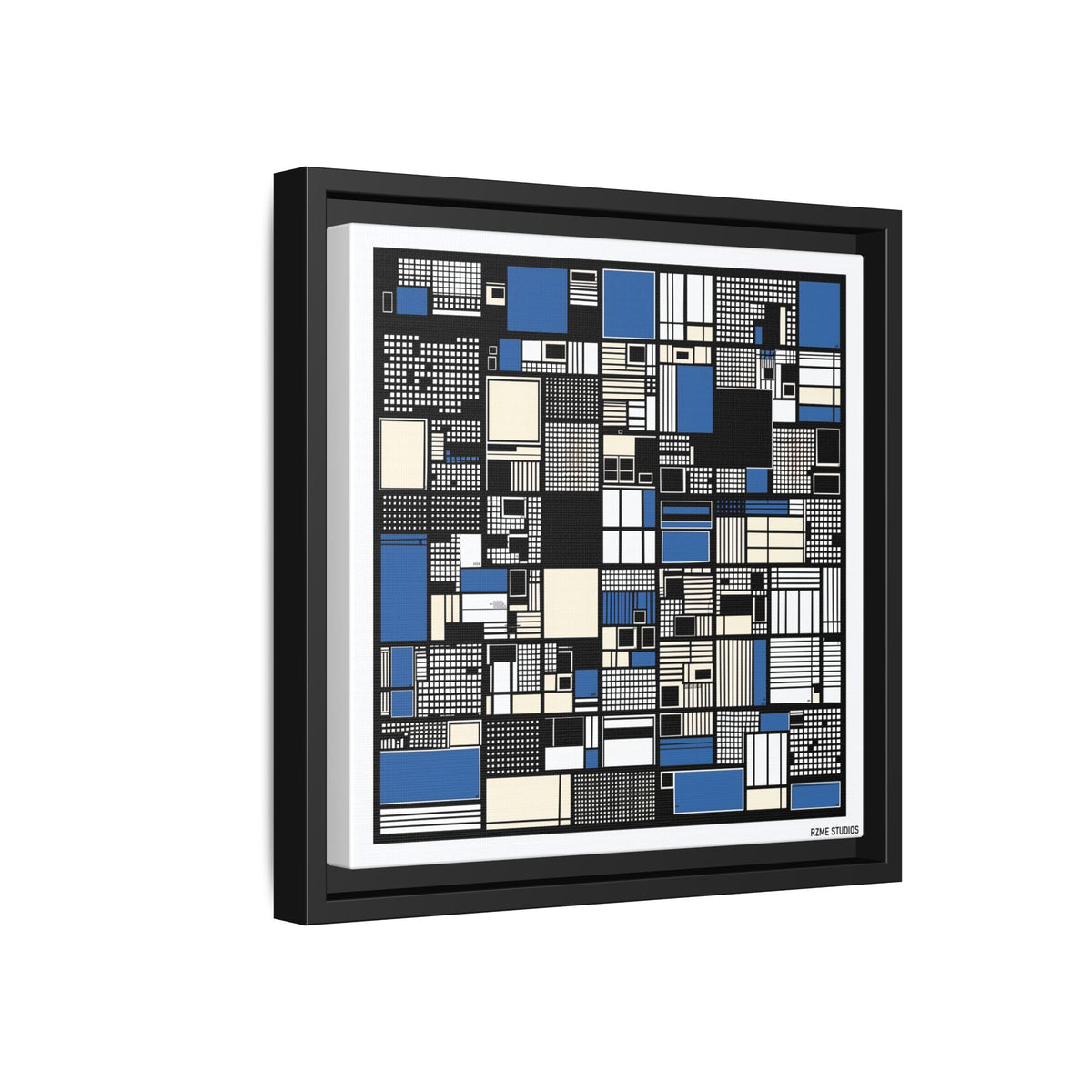 Modern Geometric Abstract Framed Canvas — Blue & Black Grid Art