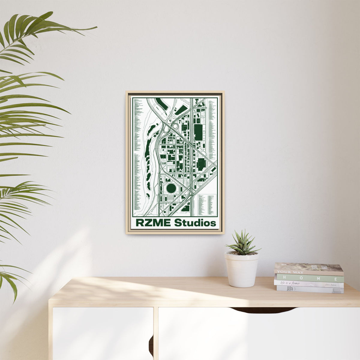 City Map Matte Canvas Framed Print — Minimal Green Urban Map Wall Art