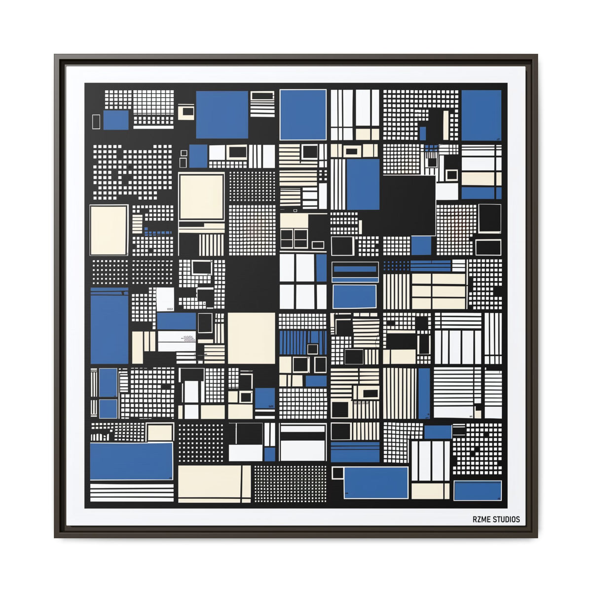 Modern Geometric Abstract Framed Canvas — Blue & Black Grid Art