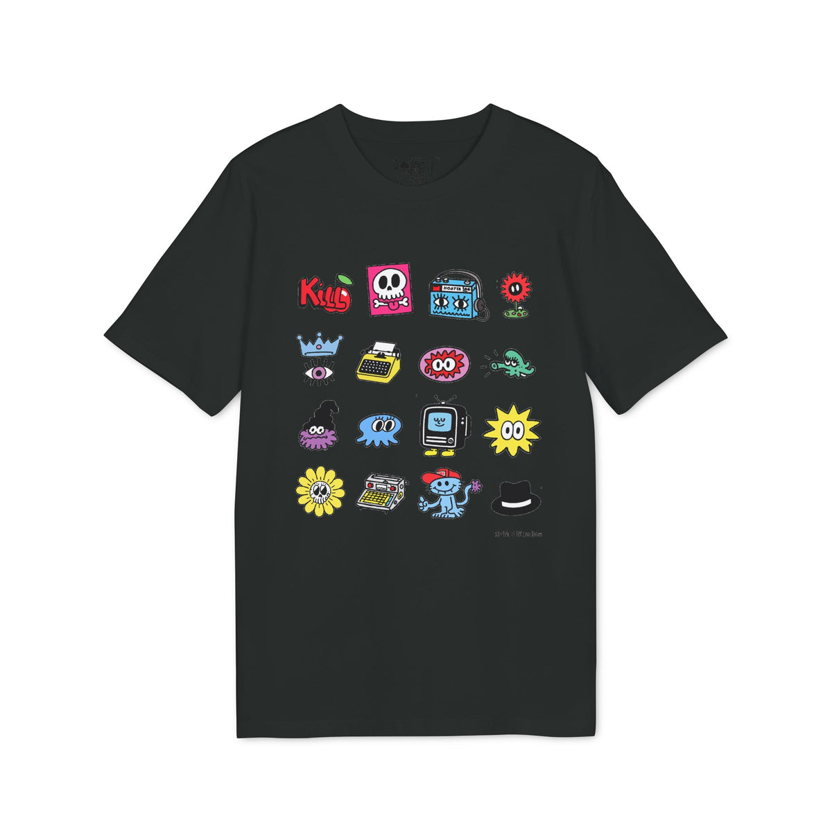 Creator Icons Graphic T-Shirt — Playful Retro Sticker Grid Tee
